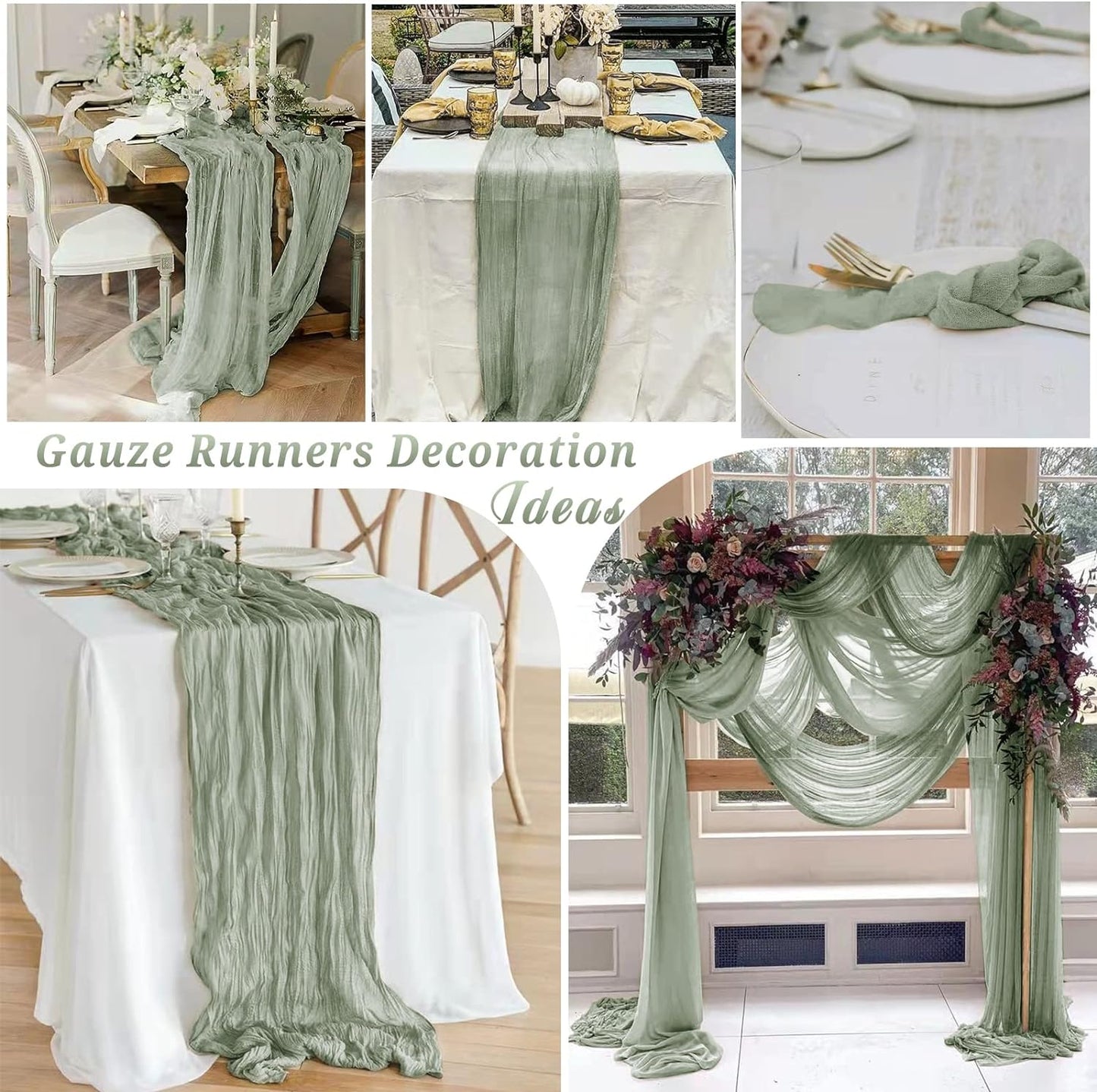 6 Pcs Sage Green Cheesecloth Table Runner 10FT, Gauze Table Runner for Wedding Reception Sheer Bridal Shower Birthday Party Boho Table Decoration, Rustic Romantic Wedding Runner