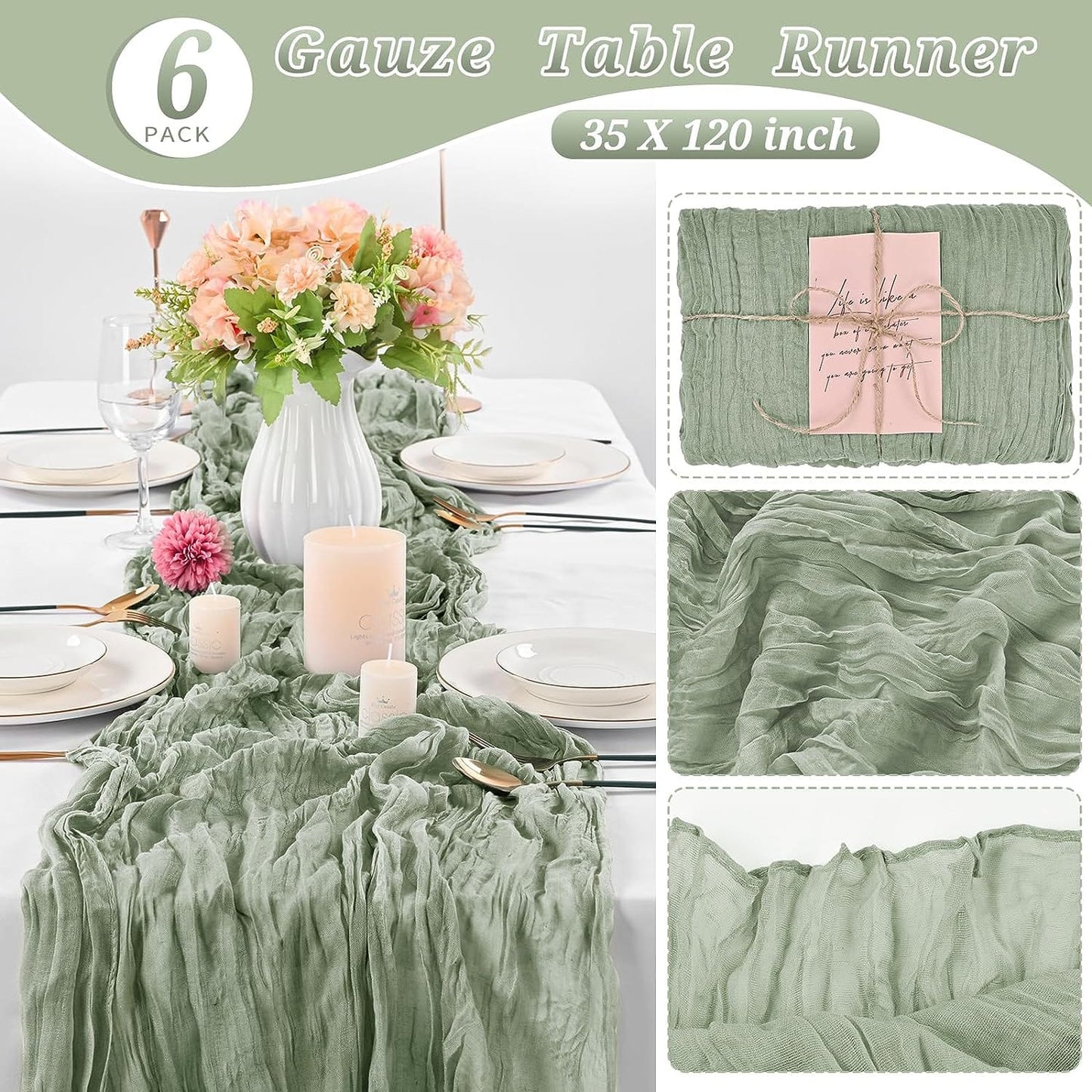 6 Pcs Sage Green Cheesecloth Table Runner 10FT, Gauze Table Runner for Wedding Reception Sheer Bridal Shower Birthday Party Boho Table Decoration, Rustic Romantic Wedding Runner