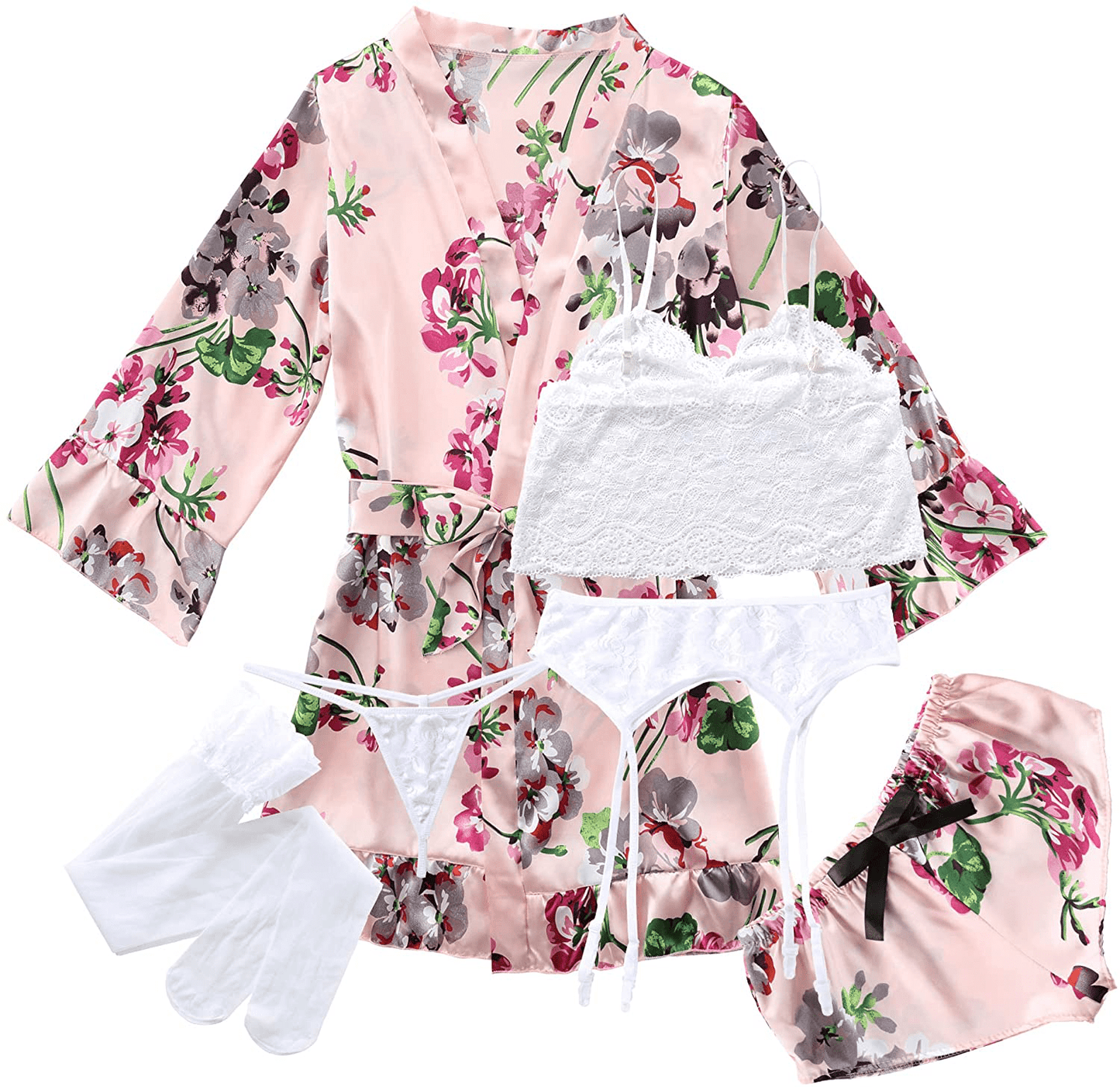 6 Pcs Silk Pajamas with Lingerie Set for Women, Floral Lace Cami Lingerie Satin Sleepwear with Garter Belts and Stocking Sets Apparel & Accessories > Clothing > Sleepwear & Loungewear Kylie Max