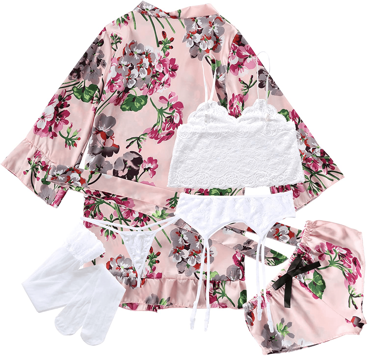 6 Pcs Silk Pajamas with Lingerie Set for Women, Floral Lace Cami Lingerie Satin Sleepwear with Garter Belts and Stocking Sets Apparel & Accessories > Clothing > Sleepwear & Loungewear Kylie Max