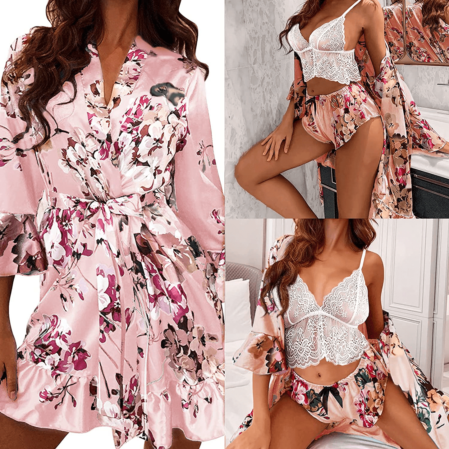 6 Pcs Silk Pajamas with Lingerie Set for Women, Floral Lace Cami Lingerie Satin Sleepwear with Garter Belts and Stocking Sets Apparel & Accessories > Clothing > Sleepwear & Loungewear Kylie Max