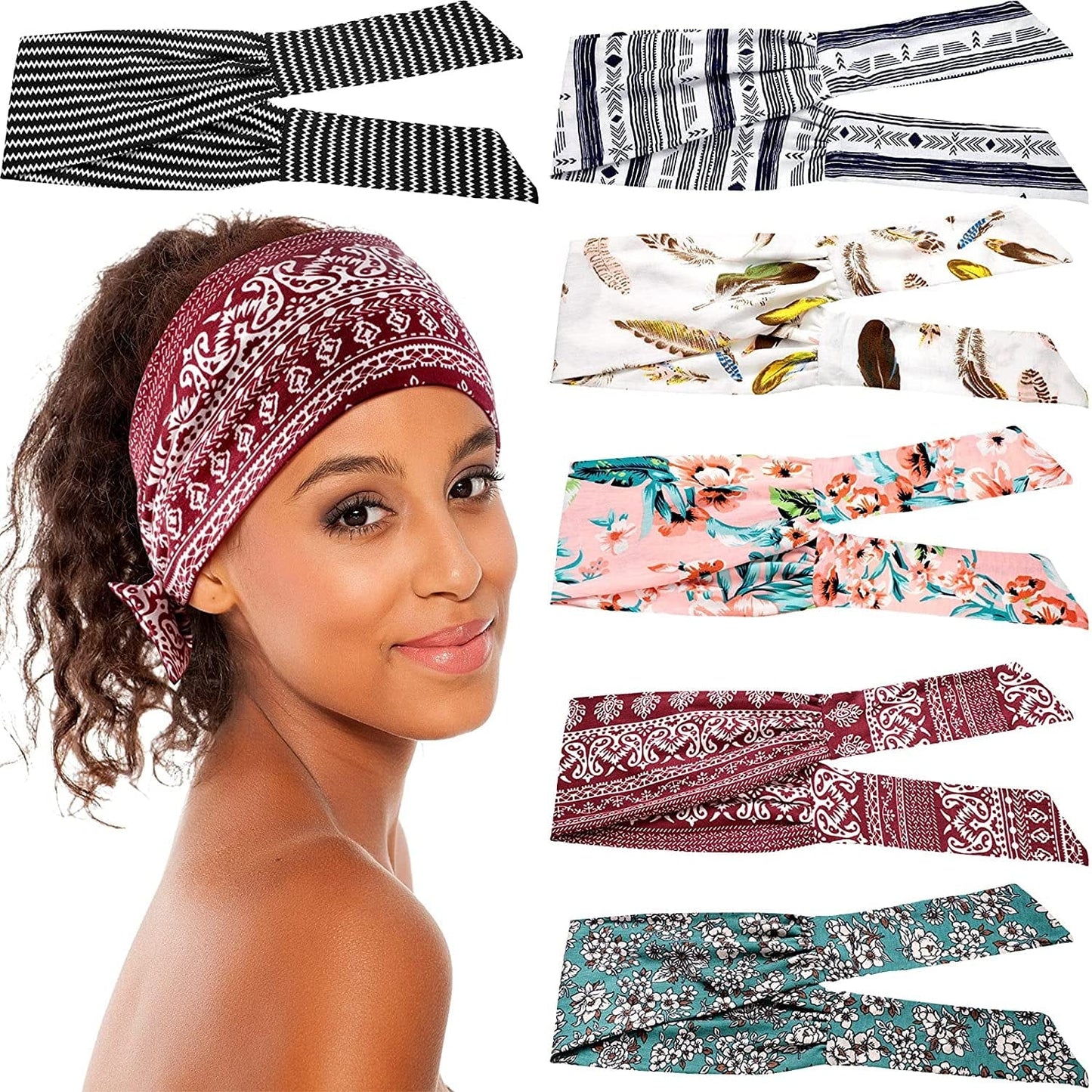 6 Pieces Adjustable Headbands for Women Knotted Headbands African Headband Yoga Elastic Non-Slip Floral Hair Bands for Running Hiking Cycling Workout (Elegant Patterns) Apparel & Accessories > Clothing Accessories > Bandanas & Headties WILLBOND Stylish Patterns