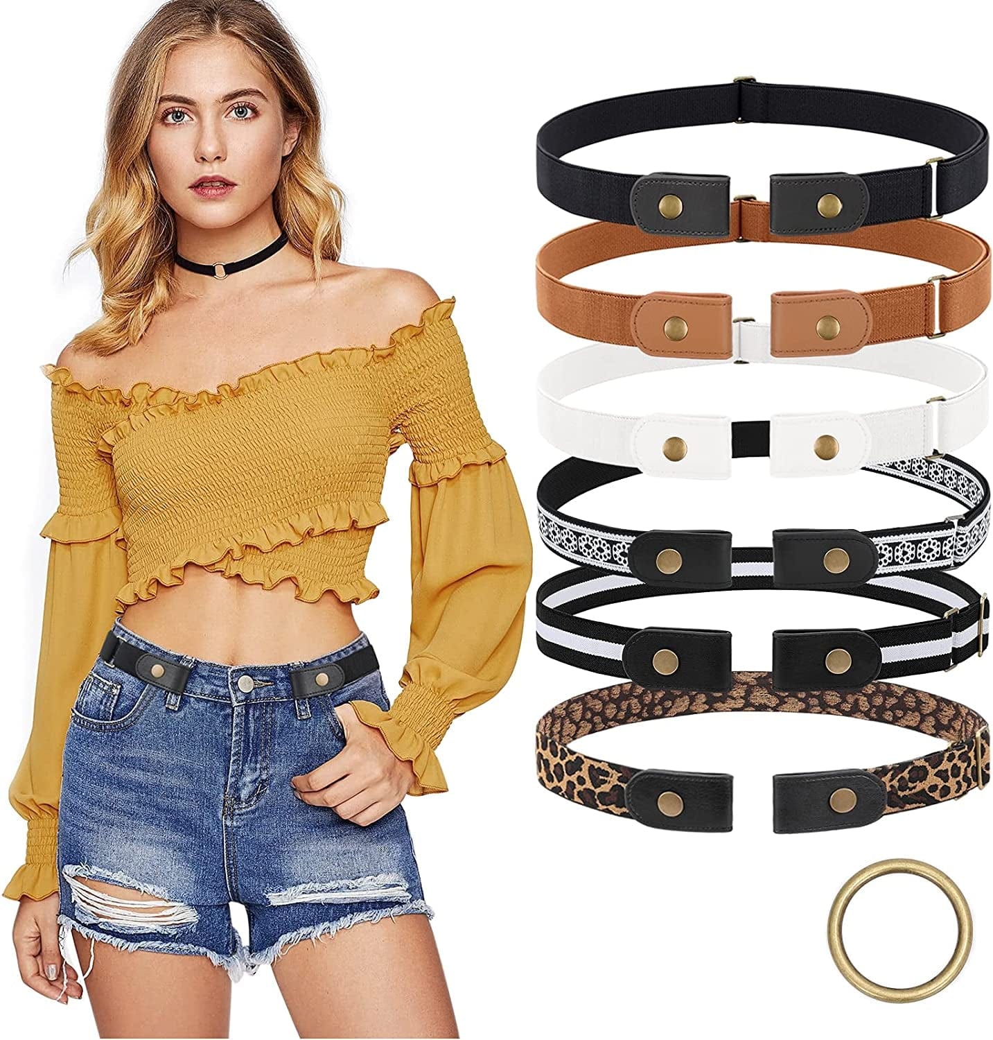 6 Pieces No Buckle Stretch Belt for Women Men, Buckle Free Belt Comfortable Invisible Elastic Belts for Jeans Pants Dresses Apparel & Accessories > Clothing Accessories > Belts XZQTIVE 3-black/Brown/White/Black and White/Leopard/Circle Black01 Waist Size 22-35in