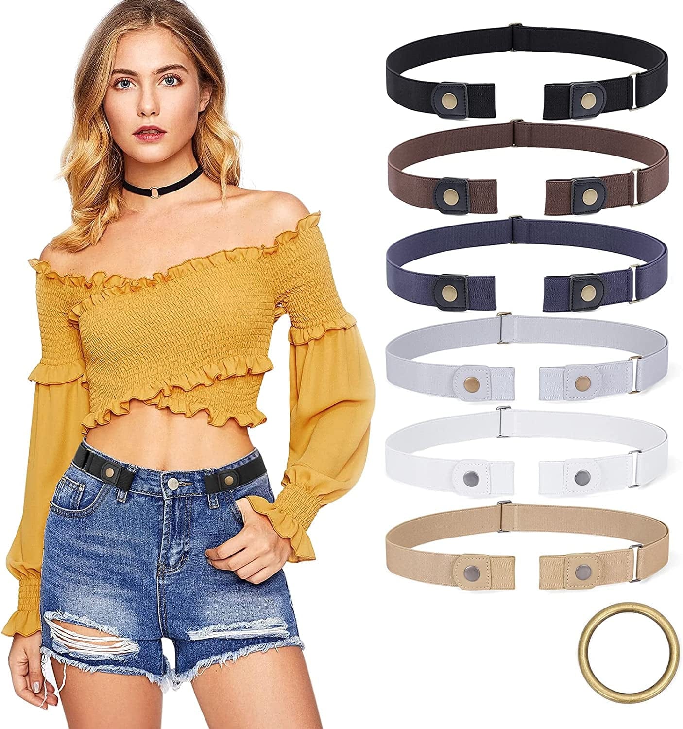 6 Pieces No Buckle Stretch Belt for Women Men, Buckle Free Belt Comfortable Invisible Elastic Belts for Jeans Pants Dresses Apparel & Accessories > Clothing Accessories > Belts XZQTIVE 2-black/Coffee/Blue/Gray/White01/Yellow01 Waist Size 36-50in
