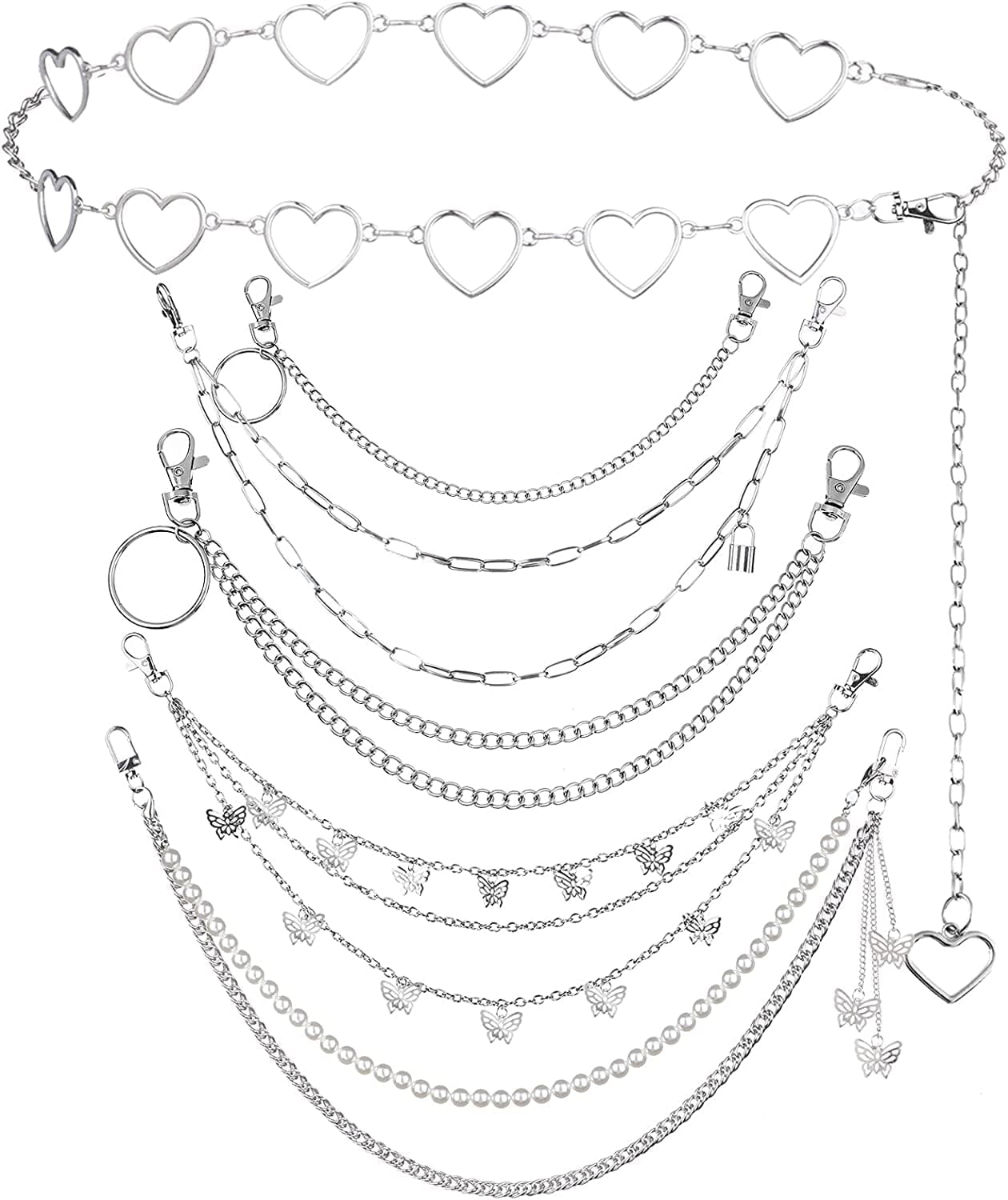 6 Pieces Punk Jeans Pants Chain Trousers Chain Heart Butterfly Pocket Waist Chain Multi-Layer Hip Hop Rock Chain Belt Punk Chain for Pants Silver Metal Wallet Chain Body Jewelry with Lobster Claw Apparel & Accessories > Jewelry > Body Jewelry Haiabei