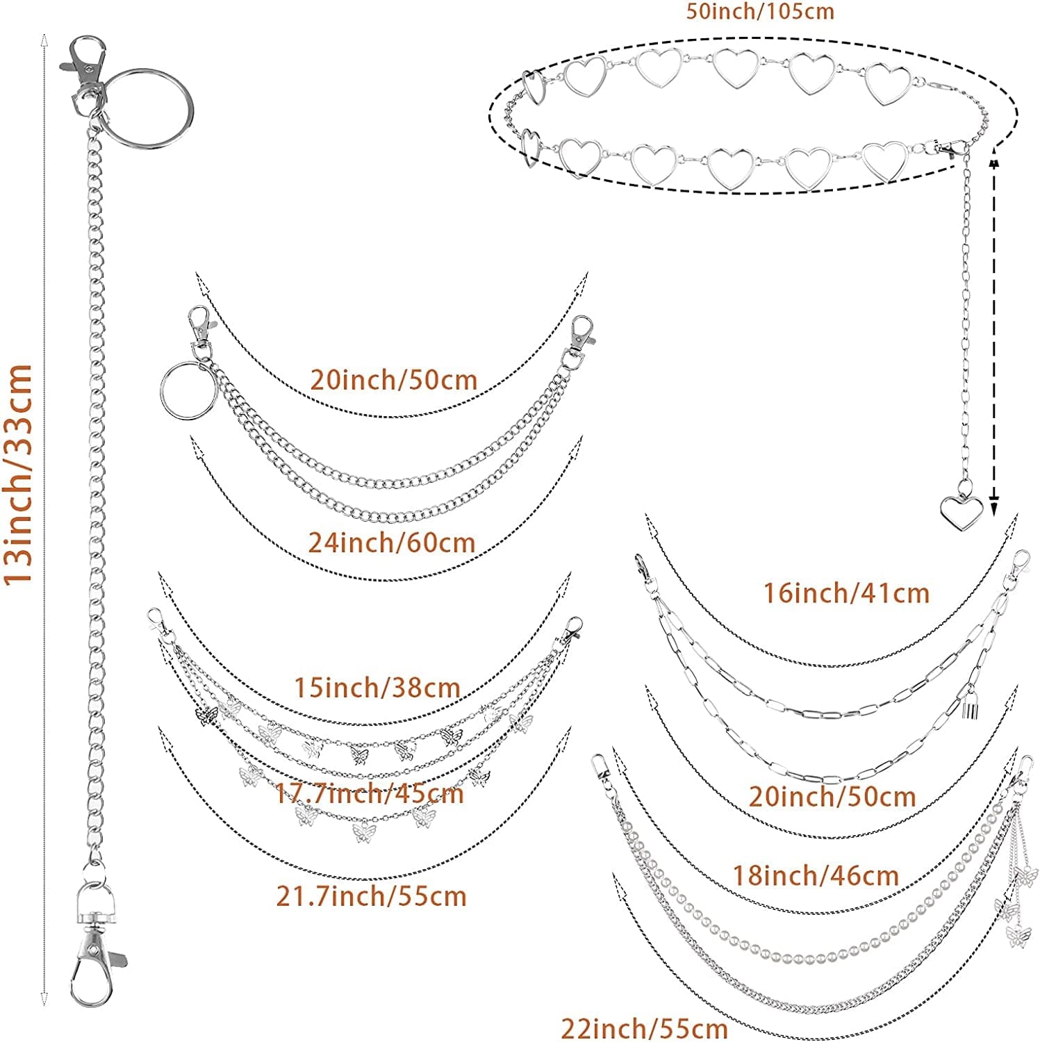 6 Pieces Punk Jeans Pants Chain Trousers Chain Heart Butterfly Pocket Waist Chain Multi-Layer Hip Hop Rock Chain Belt Punk Chain for Pants Silver Metal Wallet Chain Body Jewelry with Lobster Claw Apparel & Accessories > Jewelry > Body Jewelry Haiabei