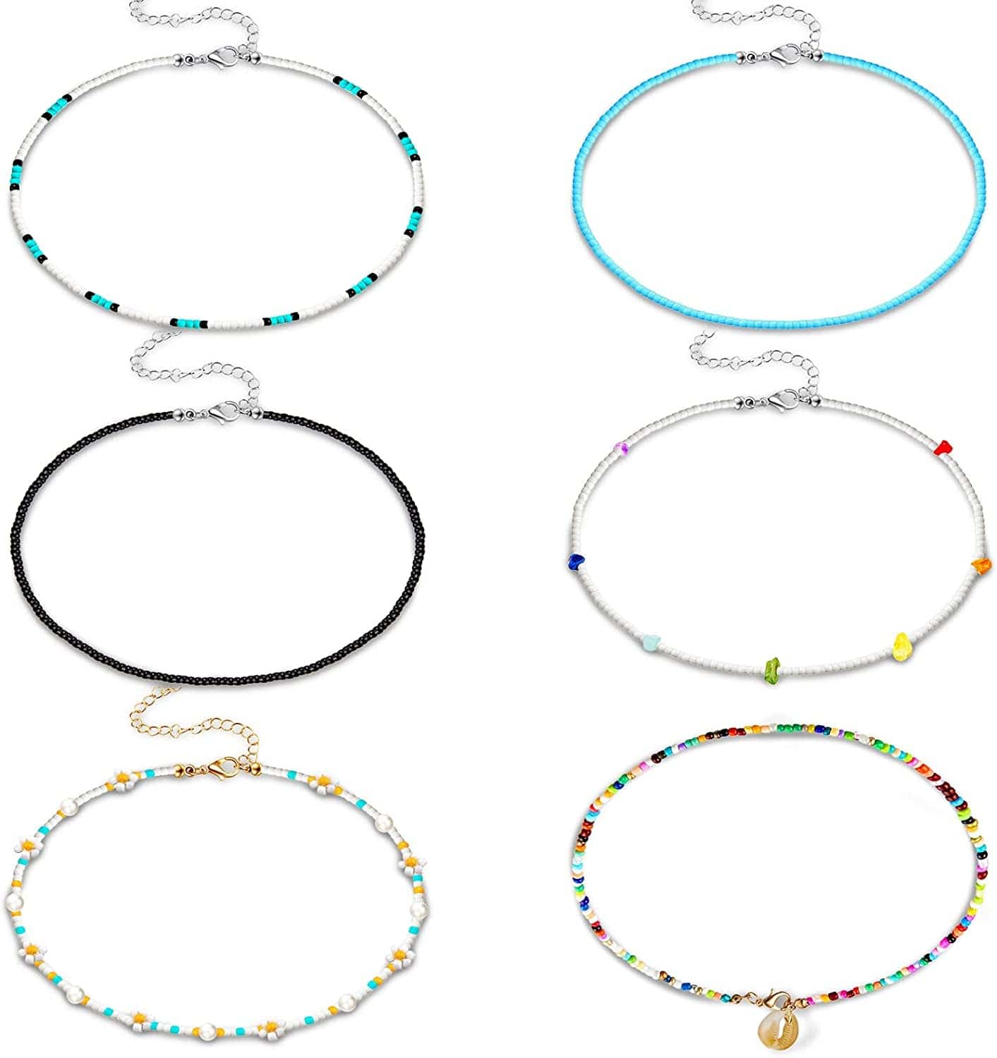 6 Pieces Women Bohemian Necklaces Seed Bead Necklaces Glass Beaded Choker Jewelry for Women and Girls Fresh Style
