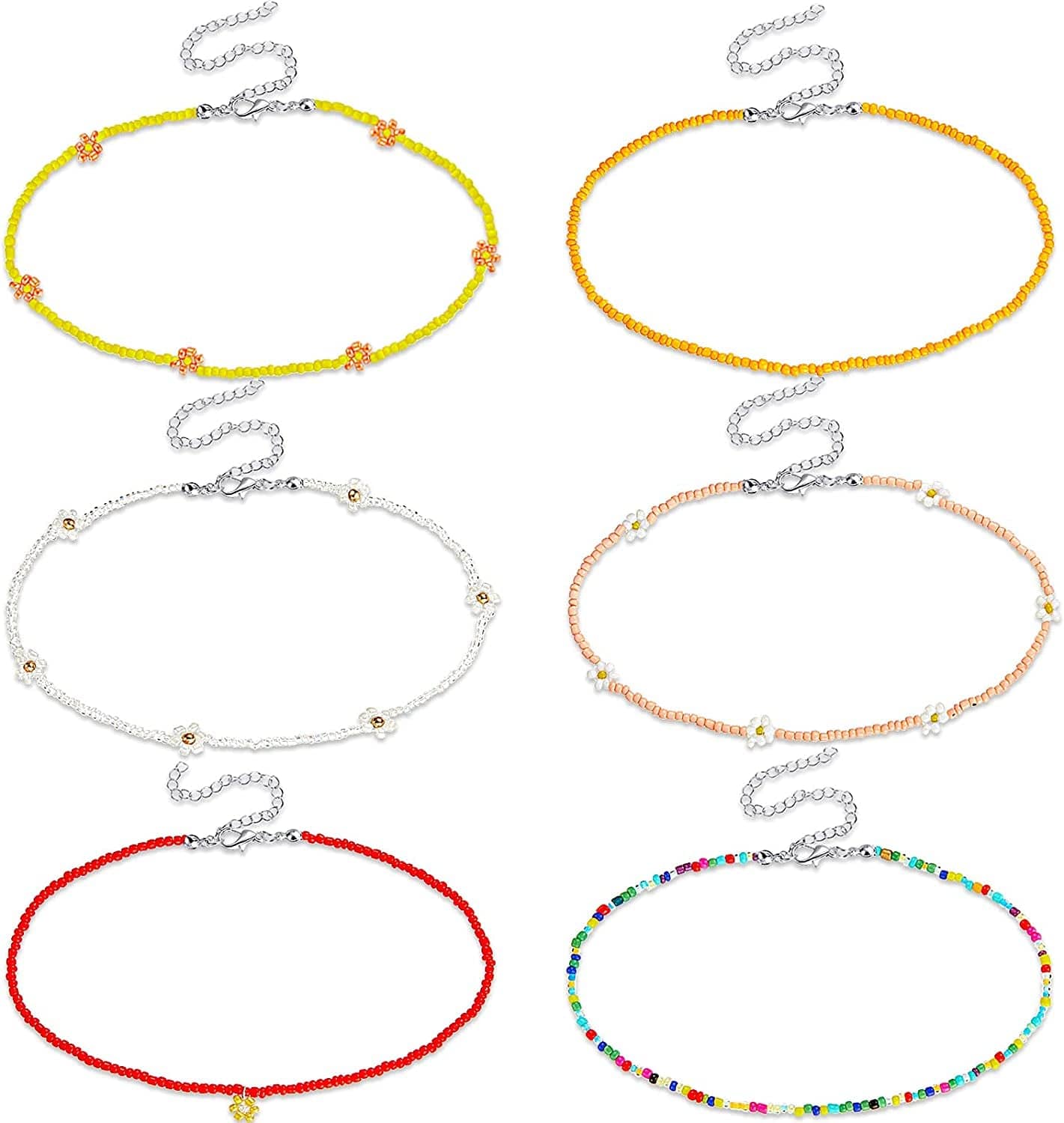6 Pieces Women Bohemian Necklaces Seed Bead Necklaces Glass Beaded Choker Jewelry for Women and Girls Classic Style