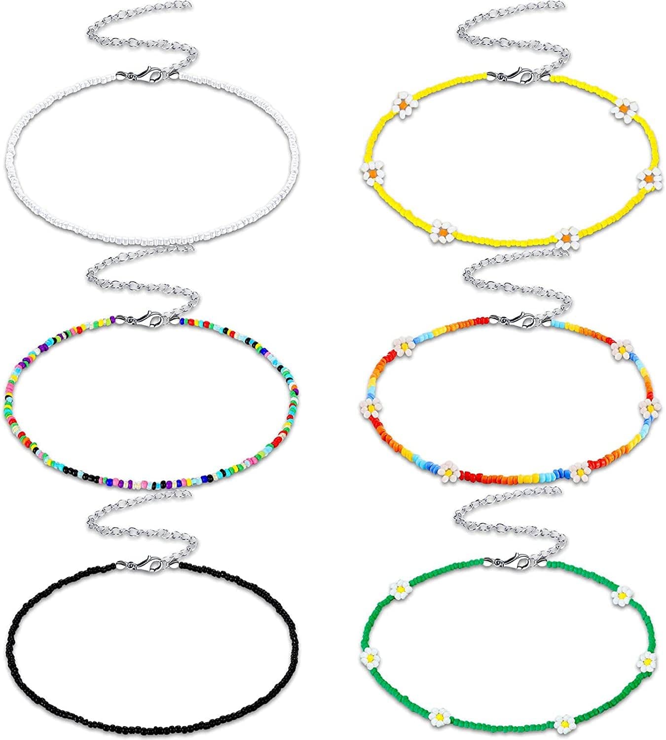 6 Pieces Women Bohemian Necklaces Seed Bead Necklaces Glass Beaded Choker Jewelry for Women and Girls Charming Style