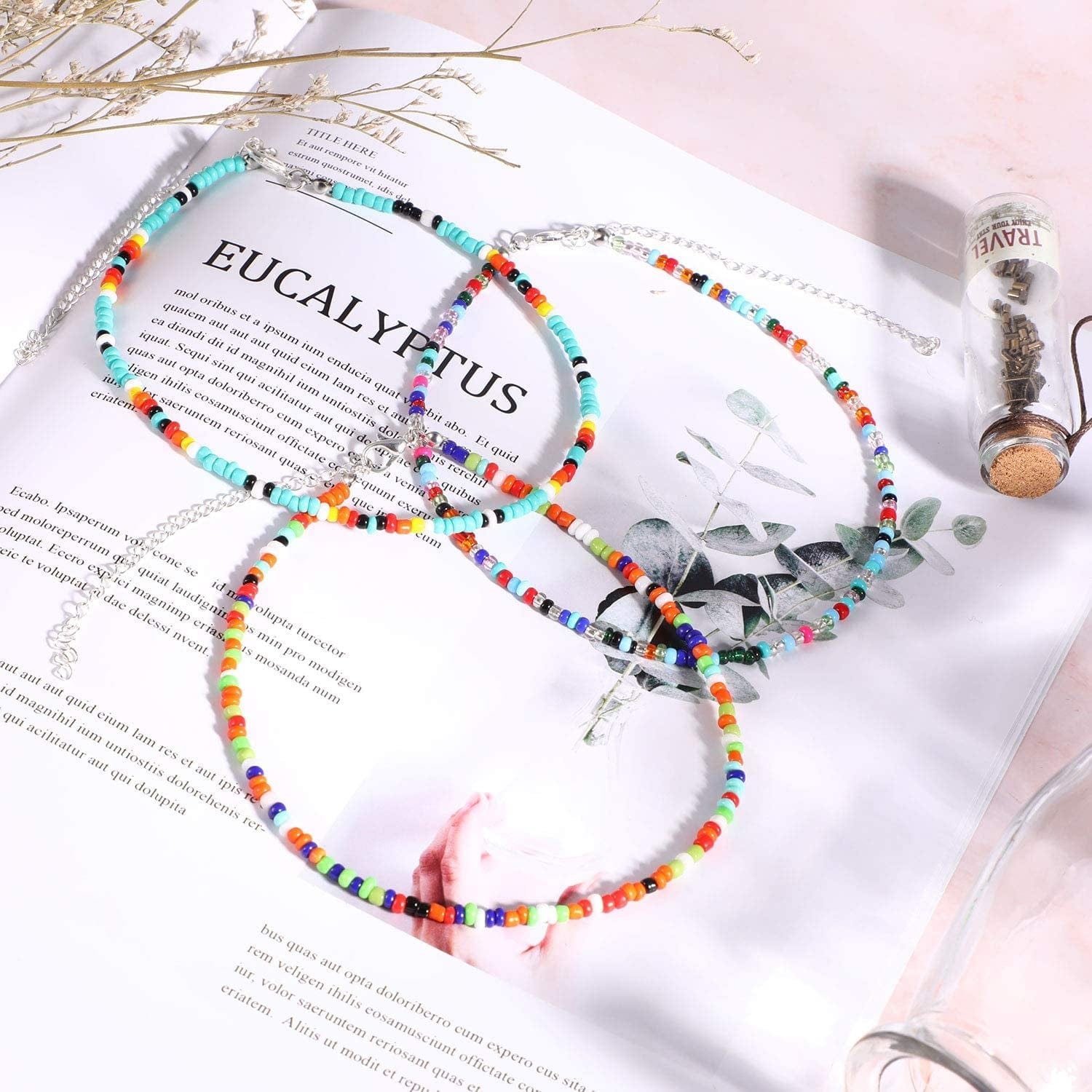 6 Pieces Women Bohemian Necklaces Seed Bead Necklaces Glass Beaded Choker Jewelry for Women and Girls