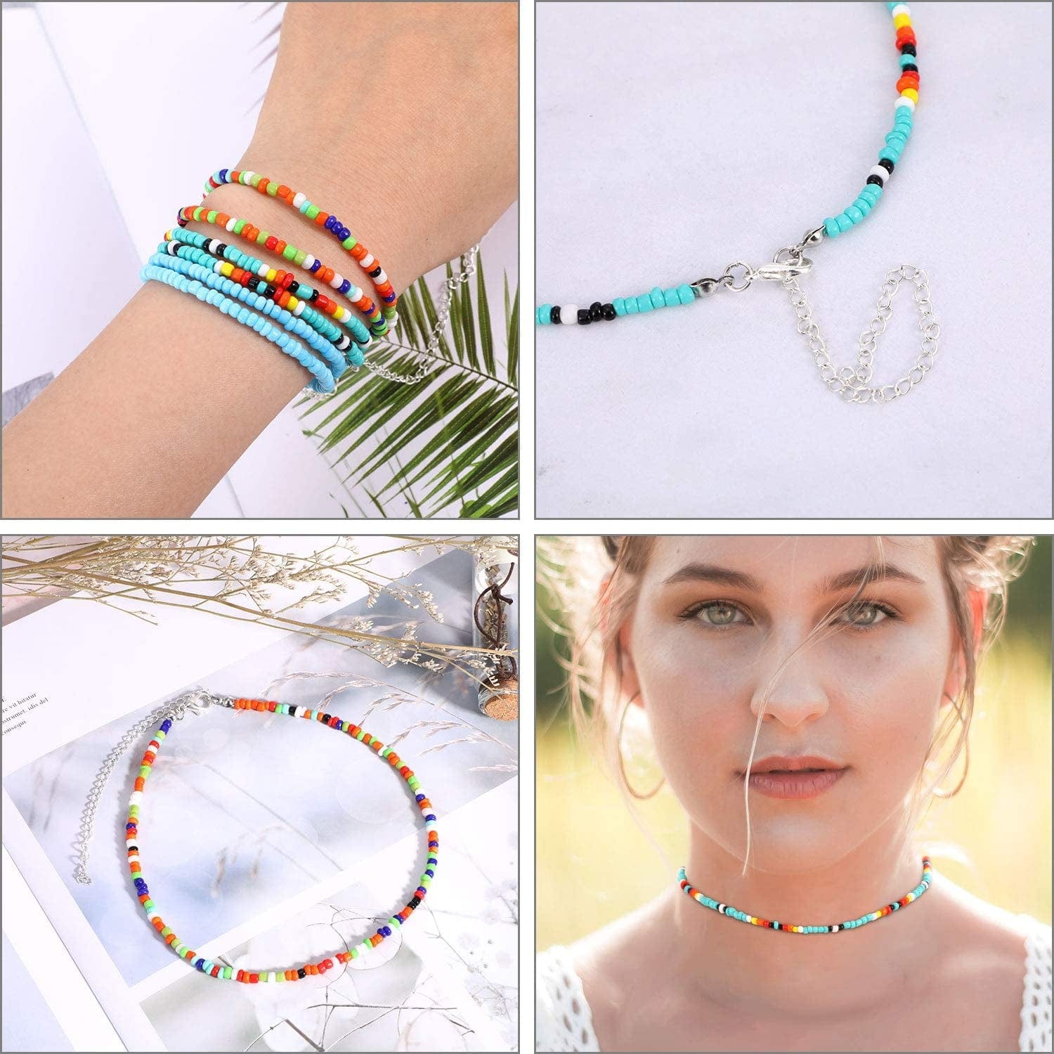 6 Pieces Women Bohemian Necklaces Seed Bead Necklaces Glass Beaded Choker Jewelry for Women and Girls