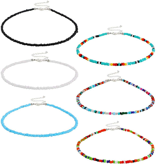 6 Pieces Women Bohemian Necklaces Seed Bead Necklaces Glass Beaded Choker Jewelry for Women and Girls Beautiful Style