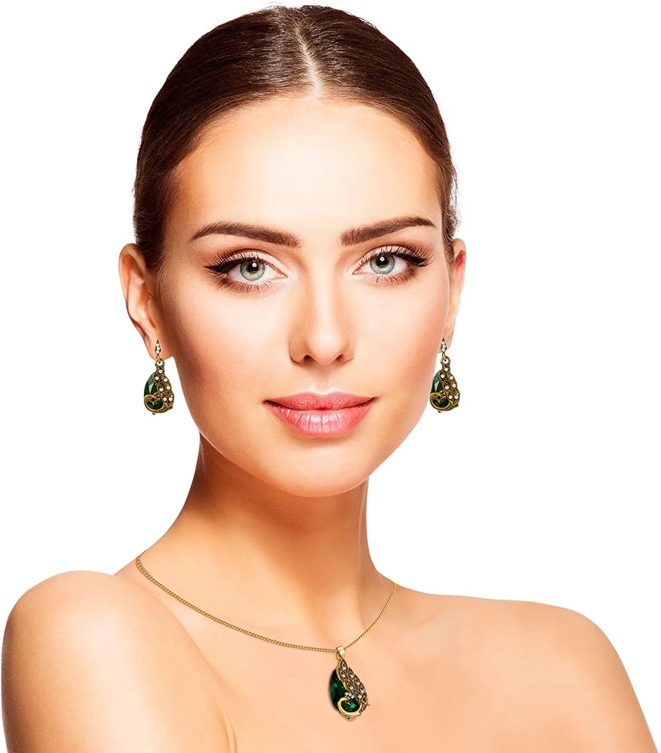 6 Pieces Women Elegant Necklace Set Peacock Waterdrop Rhinestone Pendant Necklace Crystal Peacock Pattern Earrings Jewelry