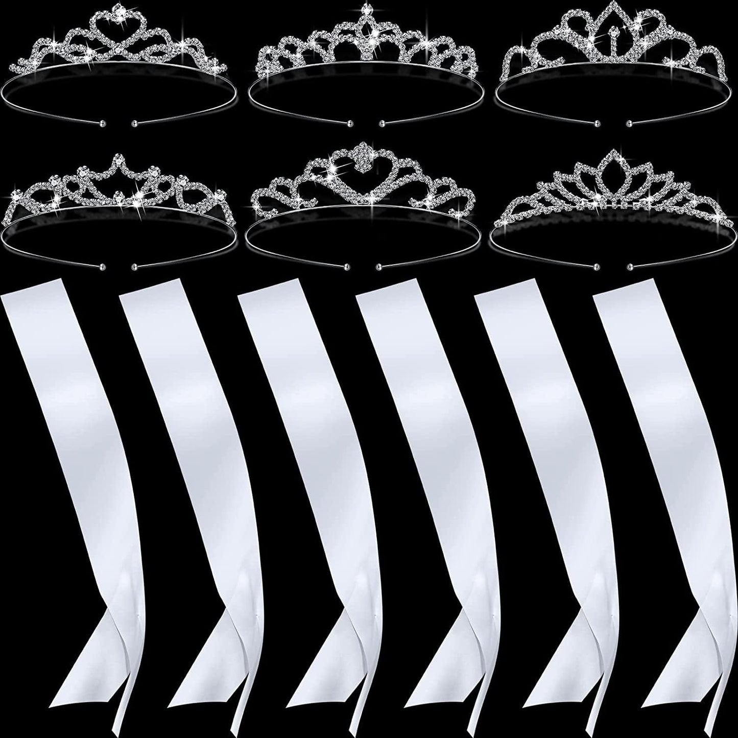 6 Set Sashes for Pageants Prom Queen Crown Blank Sashes Rhinestones Tiara Satin Sash for Wedding Prom Party Decorations DIY Apparel & Accessories > Clothing Accessories > Sashes Juinte White, Silver