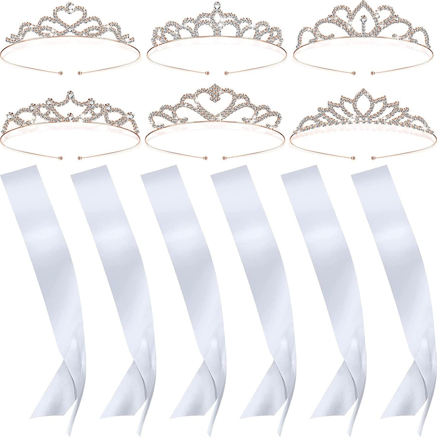 6 Set Sashes for Pageants Prom Queen Crown Blank Sashes Rhinestones Tiara Satin Sash for Wedding Prom Party Decorations DIY Apparel & Accessories > Clothing Accessories > Sashes Juinte White, Rose Gold