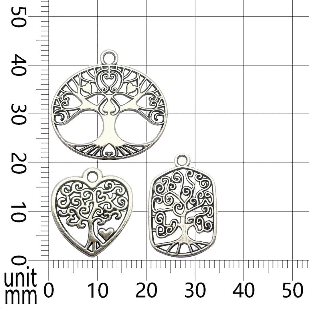 60 PCS Tree of Life Charms Collection - Mixed Antique Silver Colors round Heart Oval Tree Metal Alloy Pendants for Jewelry Making DIY Findings (HM96) Tree of Life Charms-60pcs(3 Style)