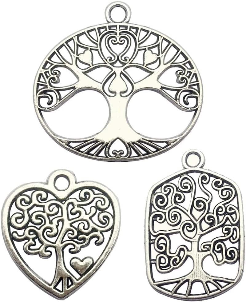 60 PCS Tree of Life Charms Collection - Mixed Antique Silver Colors round Heart Oval Tree Metal Alloy Pendants for Jewelry Making DIY Findings (HM96) Tree of Life Charms-60pcs(3 Style)