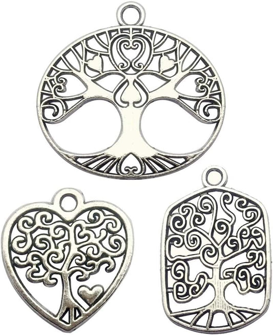 60 PCS Tree of Life Charms Collection - Mixed Antique Silver Colors round Heart Oval Tree Metal Alloy Pendants for Jewelry Making DIY Findings (HM96) Tree of Life Charms-60pcs(3 Style)