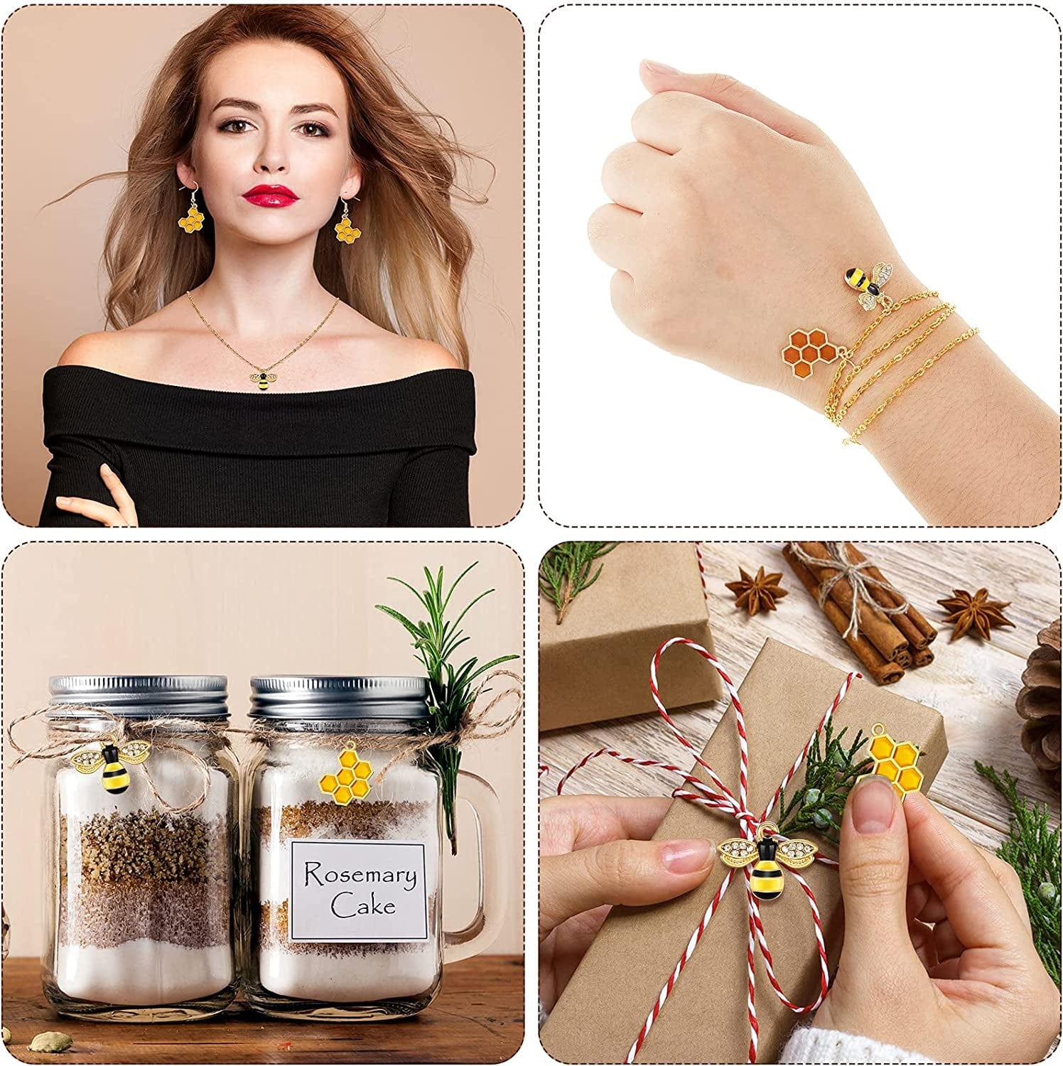 60 Pieces Alloy Enamel Bee Charms Honeycomb Charms Mini Honeycomb Charms for Jewelry Making Rhinestone Bee Cute Charms for DIY Pendant Charms Earrings Keychains Making Supplies