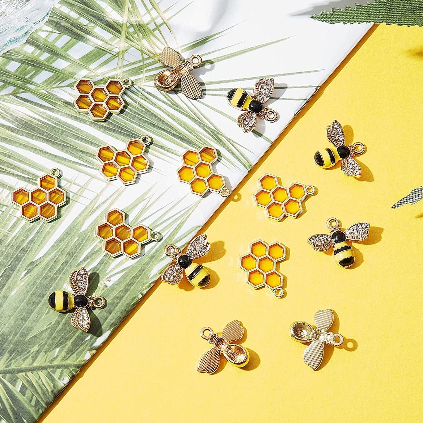 60 Pieces Alloy Enamel Bee Charms Honeycomb Charms Mini Honeycomb Charms for Jewelry Making Rhinestone Bee Cute Charms for DIY Pendant Charms Earrings Keychains Making Supplies