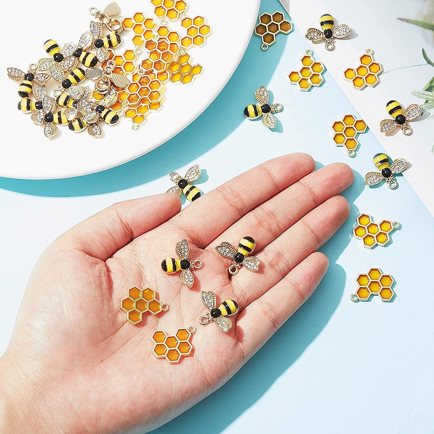 60 Pieces Alloy Enamel Bee Charms Honeycomb Charms Mini Honeycomb Charms for Jewelry Making Rhinestone Bee Cute Charms for DIY Pendant Charms Earrings Keychains Making Supplies
