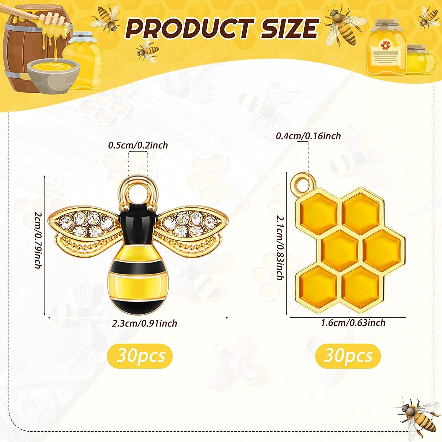 60 Pieces Alloy Enamel Bee Charms Honeycomb Charms Mini Honeycomb Charms for Jewelry Making Rhinestone Bee Cute Charms for DIY Pendant Charms Earrings Keychains Making Supplies