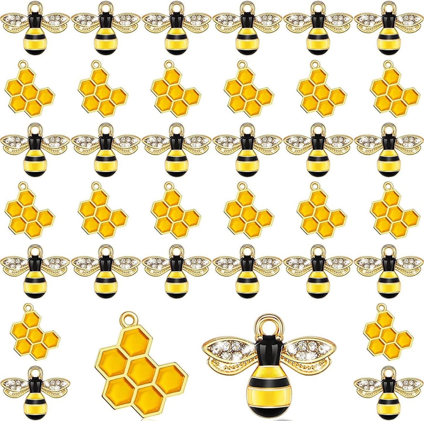 60 Pieces Alloy Enamel Bee Charms Honeycomb Charms Mini Honeycomb Charms for Jewelry Making Rhinestone Bee Cute Charms for DIY Pendant Charms Earrings Keychains Making Supplies