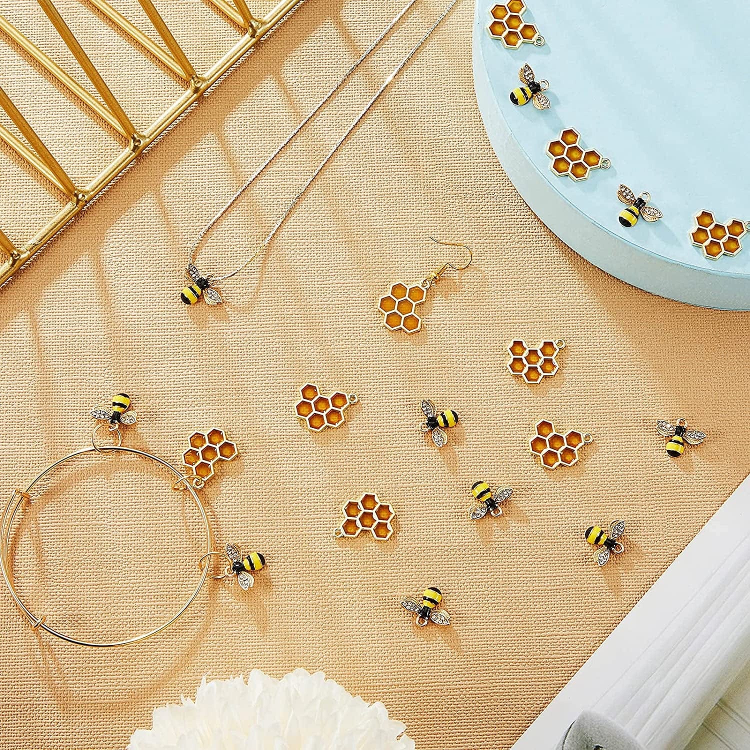 60 Pieces Bee Charms Pendant Rhinestone Alloy Enamel Honeycomb Charms Jewelry Making Pendants Charms for DIY Craft, Earring, Necklace and Bracelet
