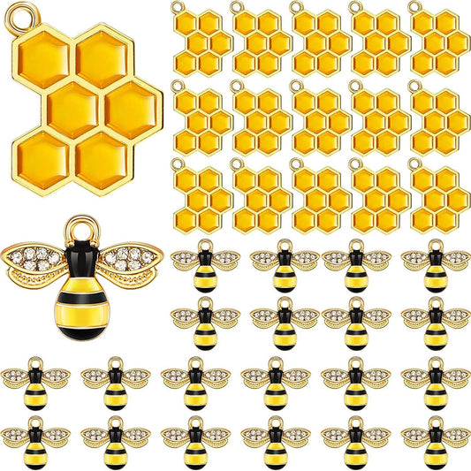 60 Pieces Bee Charms Pendant Rhinestone Alloy Enamel Honeycomb Charms Jewelry Making Pendants Charms for DIY Craft, Earring, Necklace and Bracelet