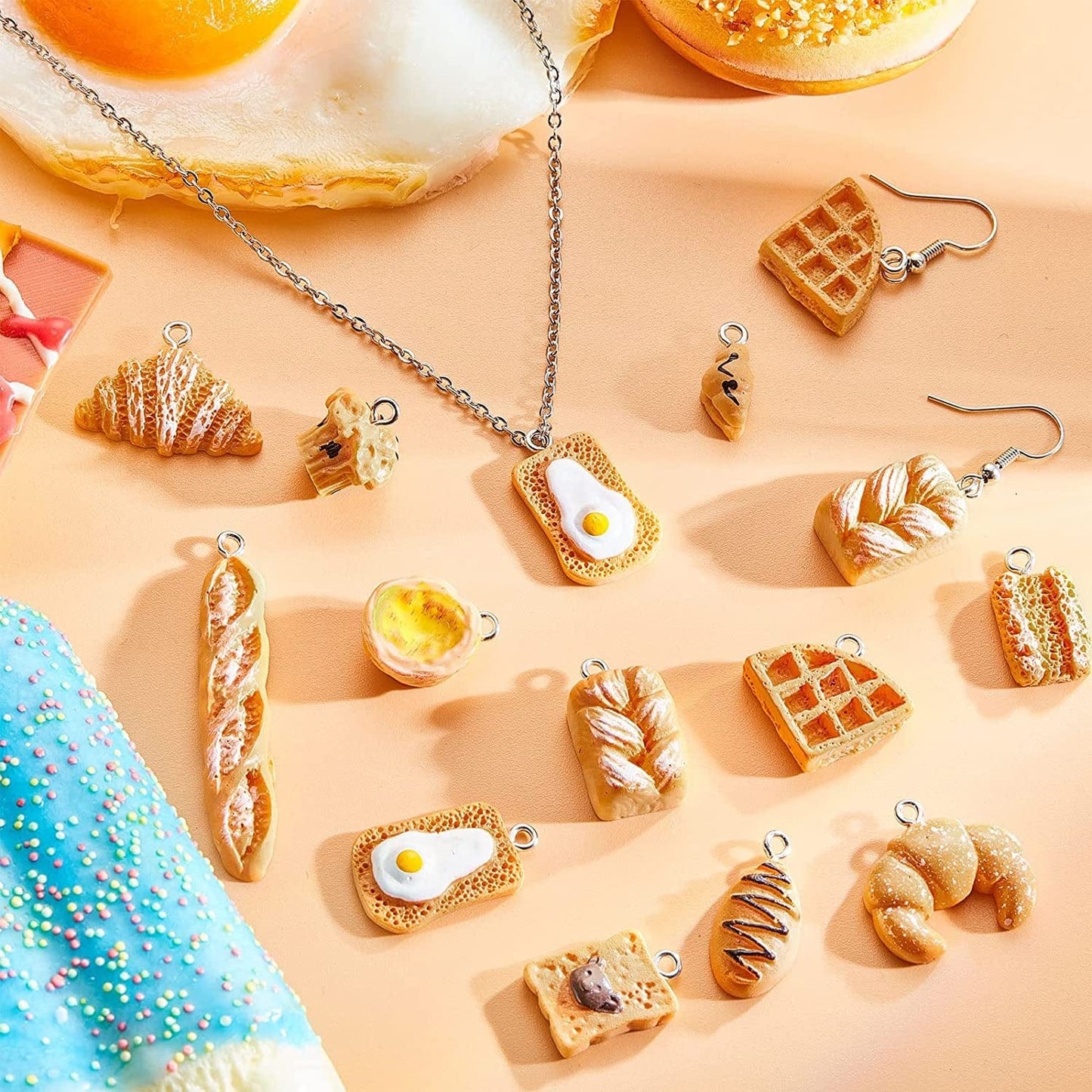 60 Pieces Handmade Simulation Food Bread Toast Pendant Charms Hanging Food Charms DIY Baking Charms for Earrings Imitation Resin Charms for Jewelry Making Necklace Earring Children Girls DIY Craft