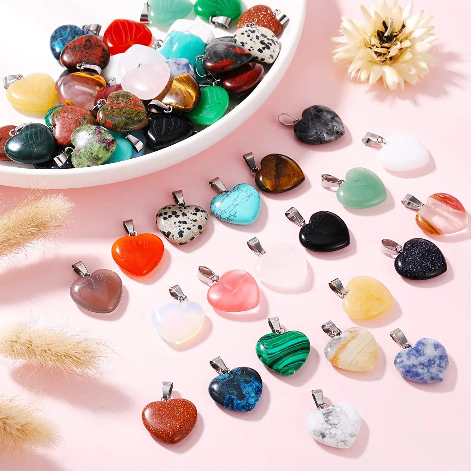 60 Pieces Heart Shaped Stone Pendants Chakra Beads DIY Crystal Charms DIY Stone Heart Pendants for Valentines Day DIY Jewelry Necklace Keychains Earring Crafts Supplies, Assorted Color
