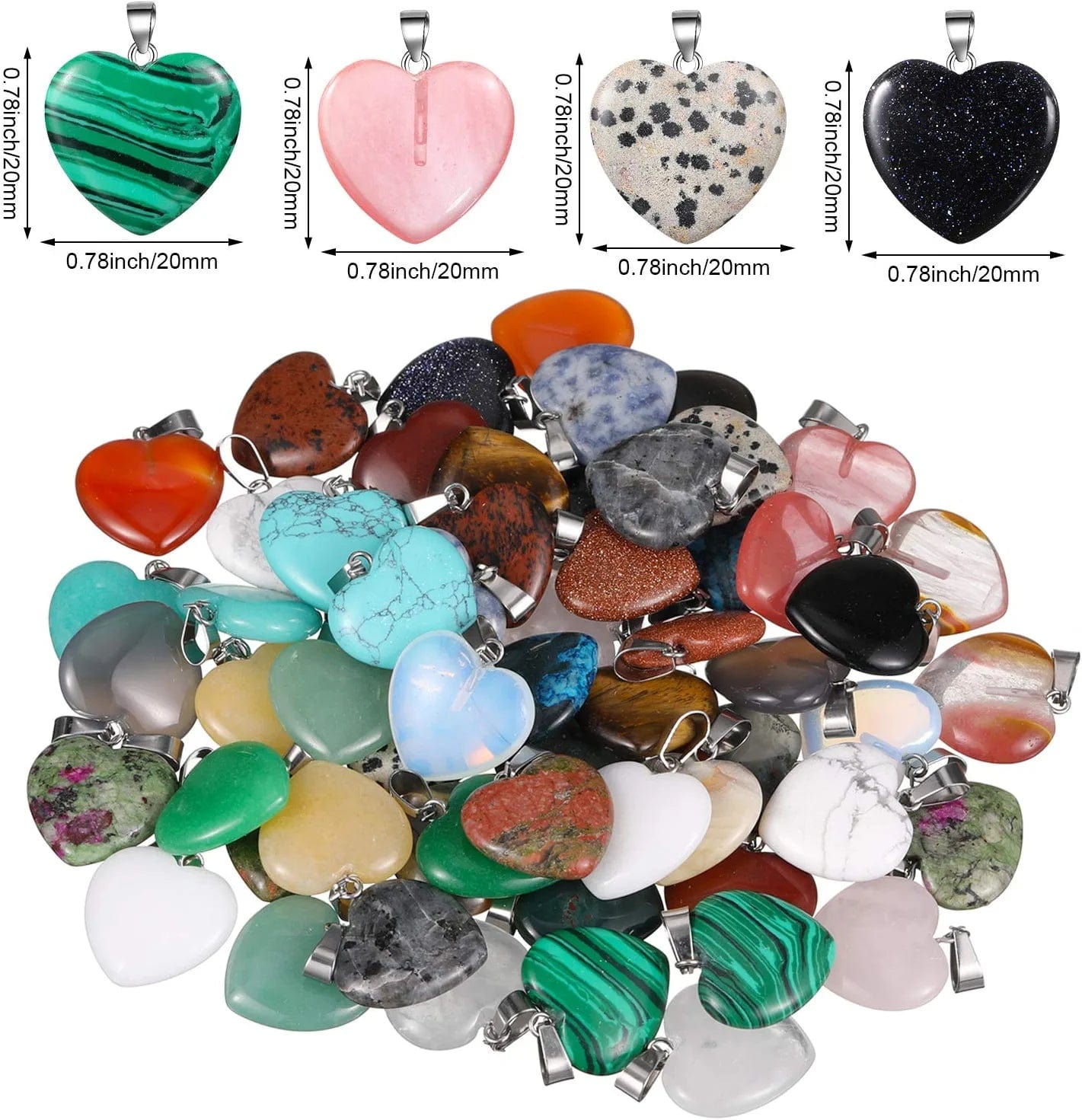 60 Pieces Heart Shaped Stone Pendants Chakra Beads DIY Crystal Charms DIY Stone Heart Pendants for Valentines Day DIY Jewelry Necklace Keychains Earring Crafts Supplies, Assorted Color