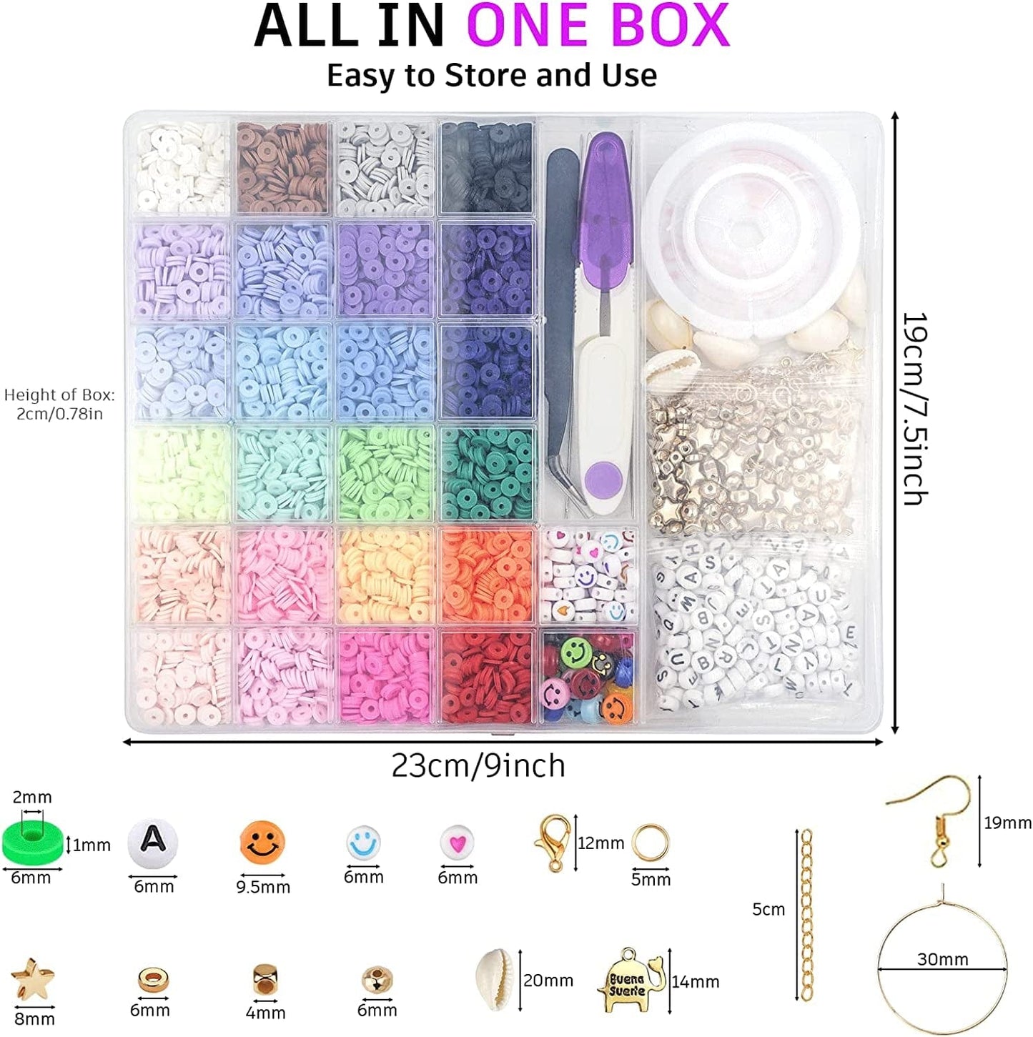 6000 Pcs Clay Beads for Bracelet Making, 24 Colors Flat round Polymer Clay Beads 6Mm Spacer Heishi Beads with Pendant Charms Kit and Elastic Strings for Jewelry Making Kit Bracelets Necklace
