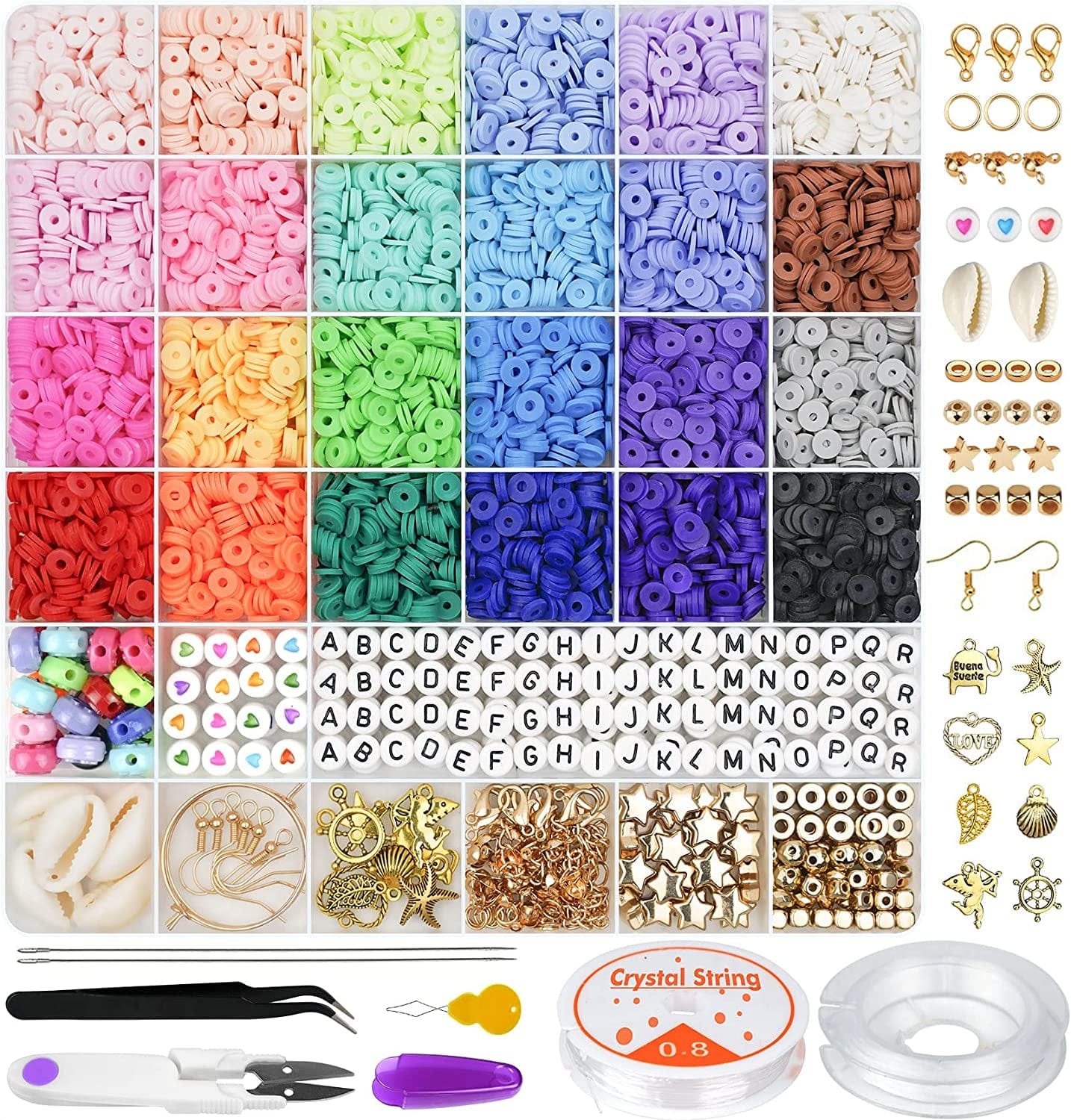 6000 Pcs Clay Beads for Bracelet Making, 24 Colors Flat round Polymer Clay Beads 6Mm Spacer Heishi Beads with Pendant Charms Kit and Elastic Strings for Jewelry Making Kit Bracelets Necklace