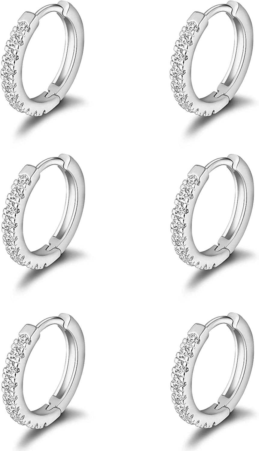 Micuco 3 Pairs Small Hoop Earrings Tiny Cartilage Earrings Cubic Zirconia Cuff Earrings White Gold Huggie Hoop Ear Piercing Earrings for Women 8Mm 10Mm 12Mm Apparel & Accessories > Jewelry > Earrings micuco 2# White Gold 8mm*3