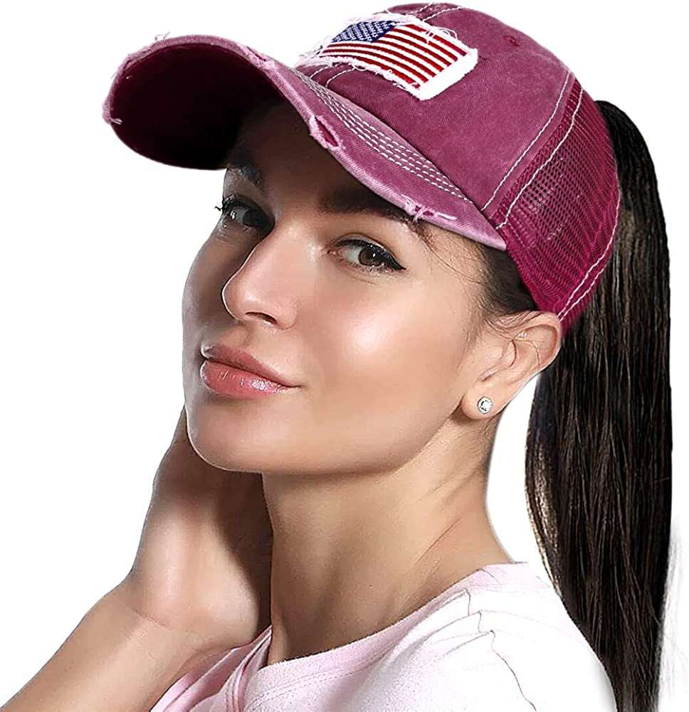 Lvaiz Womens Distressed Baseball Cap Mens Mesh Back Sport Hat Versatile Washed Dad Hat with Ponytail Hole Apparel & Accessories > Clothing Accessories > Hats Lvaiz Vigor Flag Mesh Red One Size