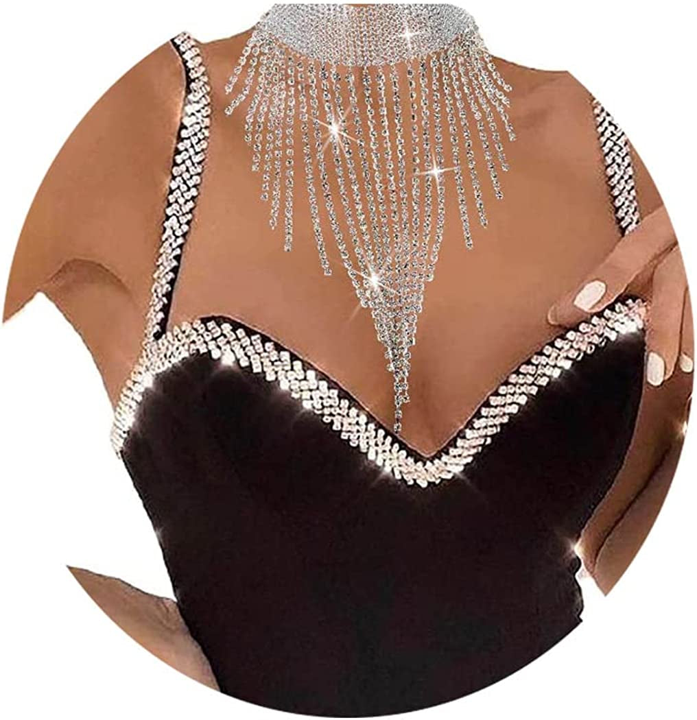 Rhinestone Tassel Choker Sexy Gold Wide Necklace Chain Shiny Evening Nightclub Adjustable Body Accessories Jewelry for Women Apparel & Accessories > Jewelry > Body Jewelry KYLIE MAX Gold,Silver