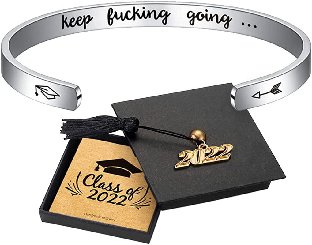 Inspirational Graduation Gifts Cuff Bracelet - Engraved Inspirational Bracelet Cuff with 2022 Graduation Grad Cap She Believed She Could so She Did Bracelet Graduation Friendship Gifts for Her 2022 Apparel & Accessories > Jewelry > Bracelets Turandoss D-Keep fu**ing going (Graduation Cap)