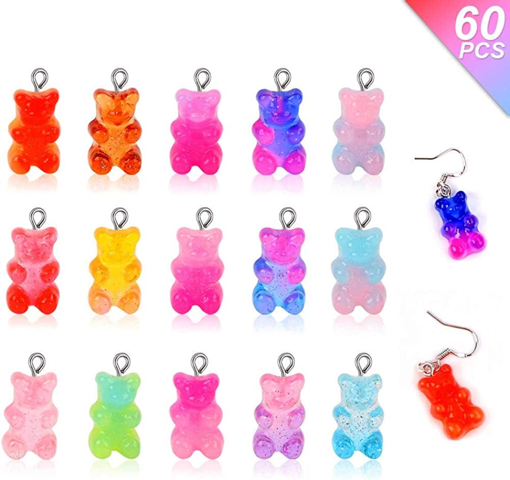 60Pcs 15 Colors Cute Bear Charm Pendants Gradient 3D Gummy DIY Resin Bear Pendants Bear Necklace Charms for Earring Bracelet Keychains DIY Jewelry Making Pendants Nail Art, for Children Girls
