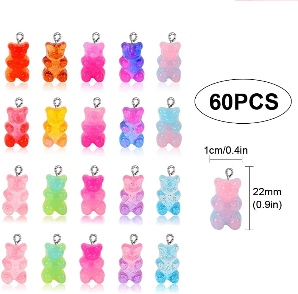 60Pcs 15 Colors Cute Bear Charm Pendants Gradient 3D Gummy DIY Resin Bear Pendants Bear Necklace Charms for Earring Bracelet Keychains DIY Jewelry Making Pendants Nail Art, for Children Girls