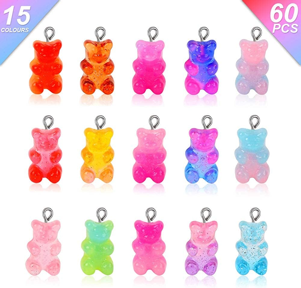 60Pcs 15 Colors Cute Bear Charm Pendants Gradient 3D Gummy DIY Resin Bear Pendants Bear Necklace Charms for Earring Bracelet Keychains DIY Jewelry Making Pendants Nail Art, for Children Girls