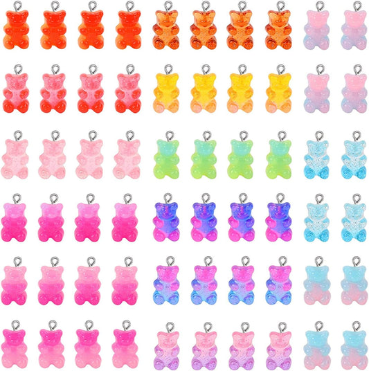 60Pcs 15 Colors Cute Bear Charm Pendants Gradient 3D Gummy DIY Resin Bear Pendants Bear Necklace Charms for Earring Bracelet Keychains DIY Jewelry Making Pendants Nail Art, for Children Girls
