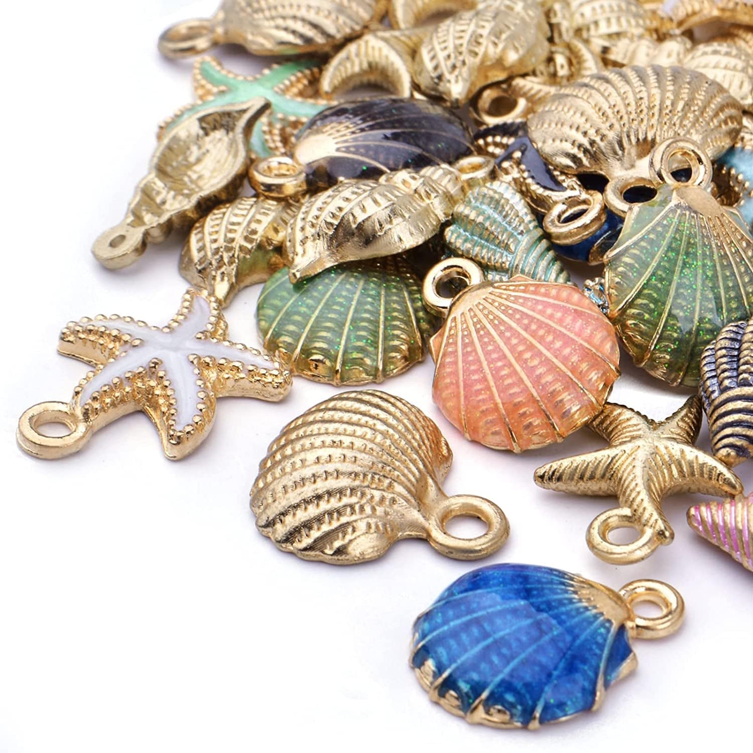 60Pcs Alloy Ocean Starfish Seashell Conch Charms Colorful Enamel Ocean Life Sea Animal Pendants Charms Craft Supplies for DIY Jewelry Making Birthday Wedding Party Favor Gifts