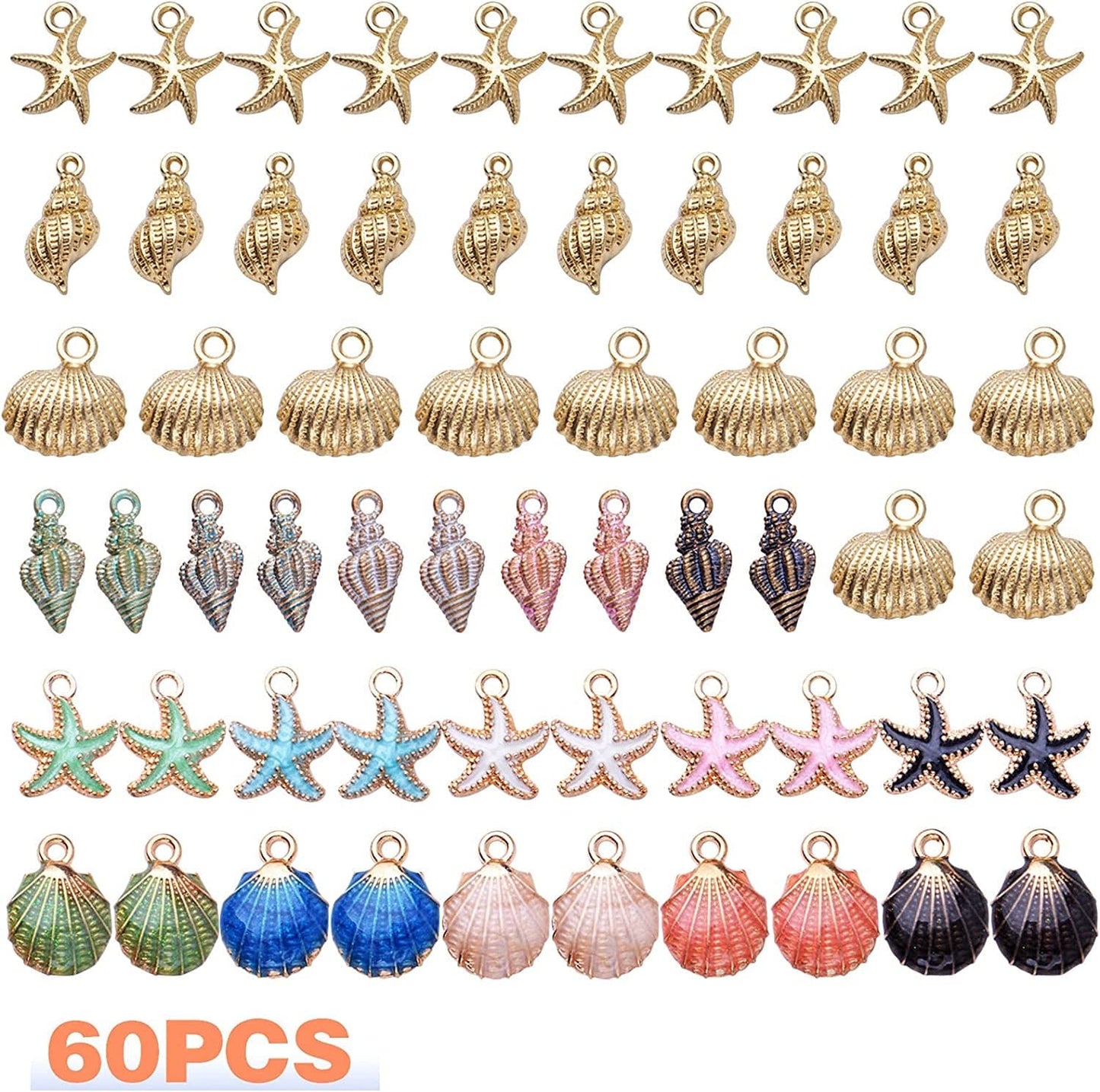 60Pcs Alloy Ocean Starfish Seashell Conch Charms Colorful Enamel Ocean Life Sea Animal Pendants Charms Craft Supplies for DIY Jewelry Making Birthday Wedding Party Favor Gifts