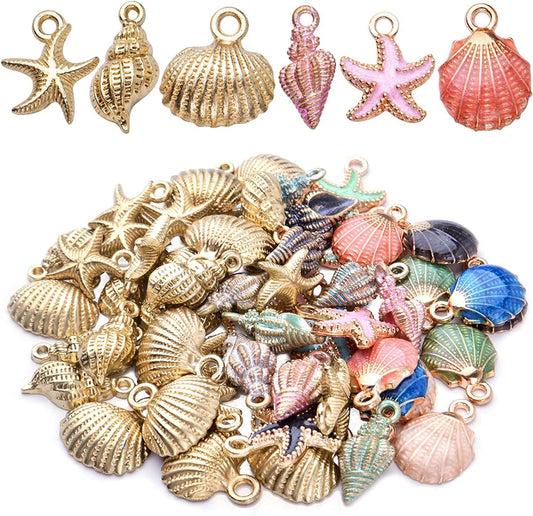60Pcs Alloy Ocean Starfish Seashell Conch Charms Colorful Enamel Ocean Life Sea Animal Pendants Charms Craft Supplies for DIY Jewelry Making Birthday Wedding Party Favor Gifts