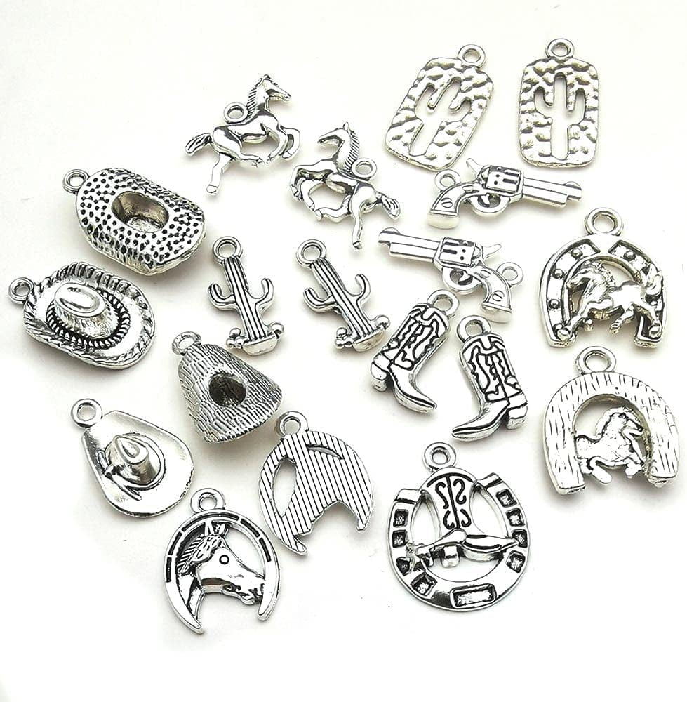 60PCS Antique Silver Western Cowboy Charms Pendants Horse Hat Cactus Cowboy Boot Charms for Bracelet Earrings Necklace Jewelry Making (10 Style, 6 of Each)Hm672