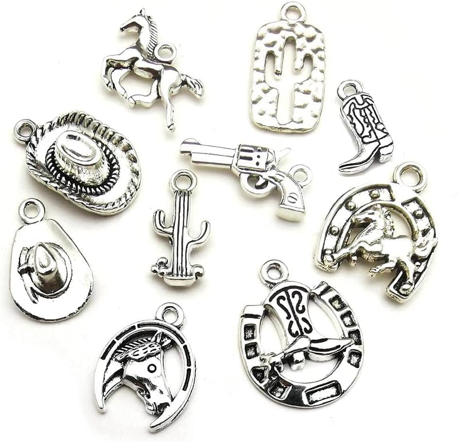 60PCS Antique Silver Western Cowboy Charms Pendants Horse Hat Cactus Cowboy Boot Charms for Bracelet Earrings Necklace Jewelry Making (10 Style, 6 of Each)Hm672