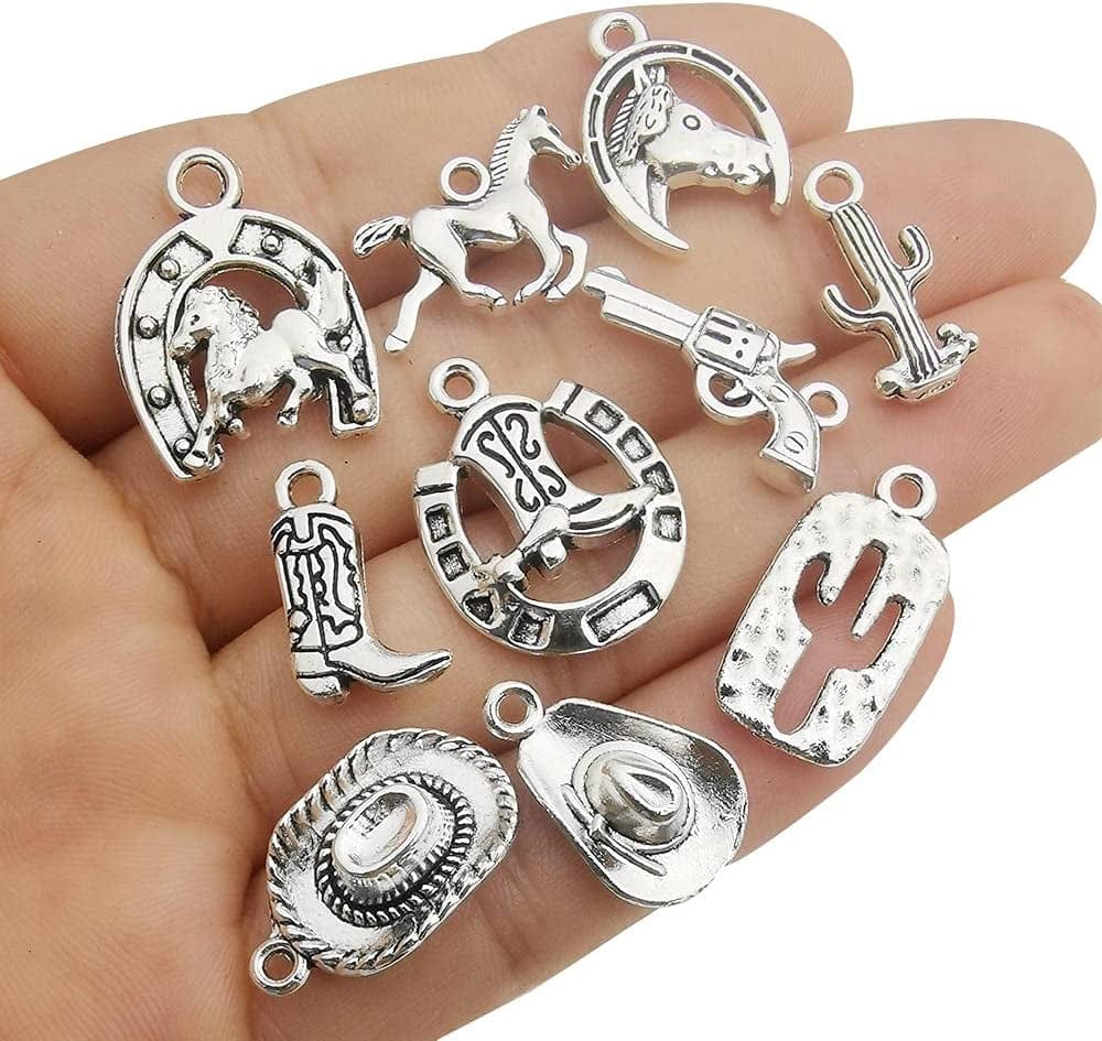 60PCS Antique Silver Western Cowboy Charms Pendants Horse Hat Cactus Cowboy Boot Charms for Bracelet Earrings Necklace Jewelry Making (10 Style, 6 of Each)Hm672