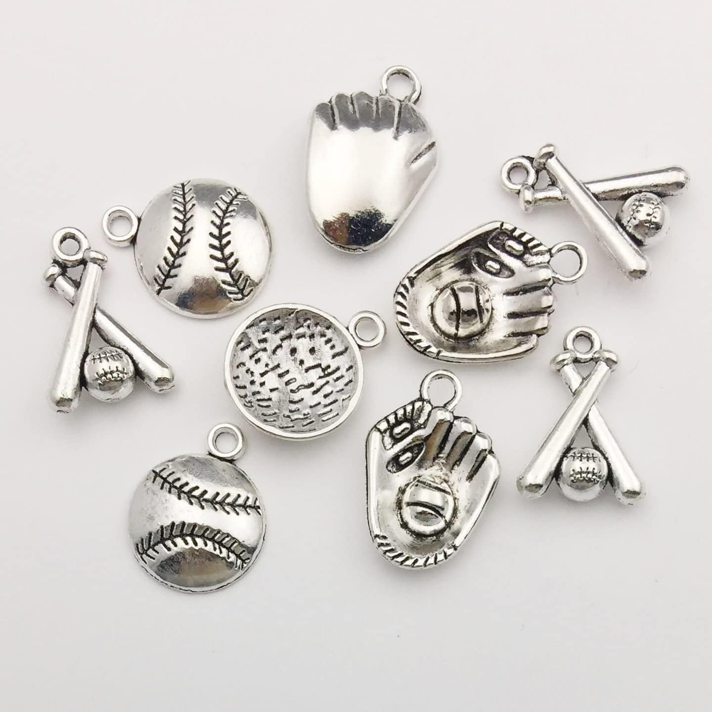 60PCS Baseball Charms Collection - Mixed Antique Silver Bat Glove Ballgame Sports Ball Softball Metal Alloy Pendants for Jewelry Making DIY Findings(Cfm130)