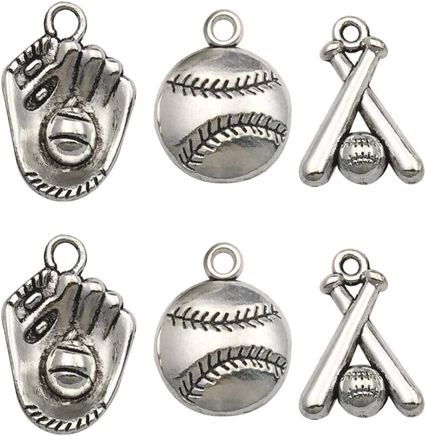 60PCS Baseball Charms Collection - Mixed Antique Silver Bat Glove Ballgame Sports Ball Softball Metal Alloy Pendants for Jewelry Making DIY Findings(Cfm130)